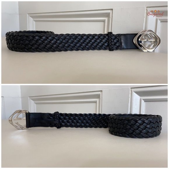 Authentic Gucci Black Intrecciato Woven Leather Interlocking Square G Belt 95/38 - Picture 10 of 13